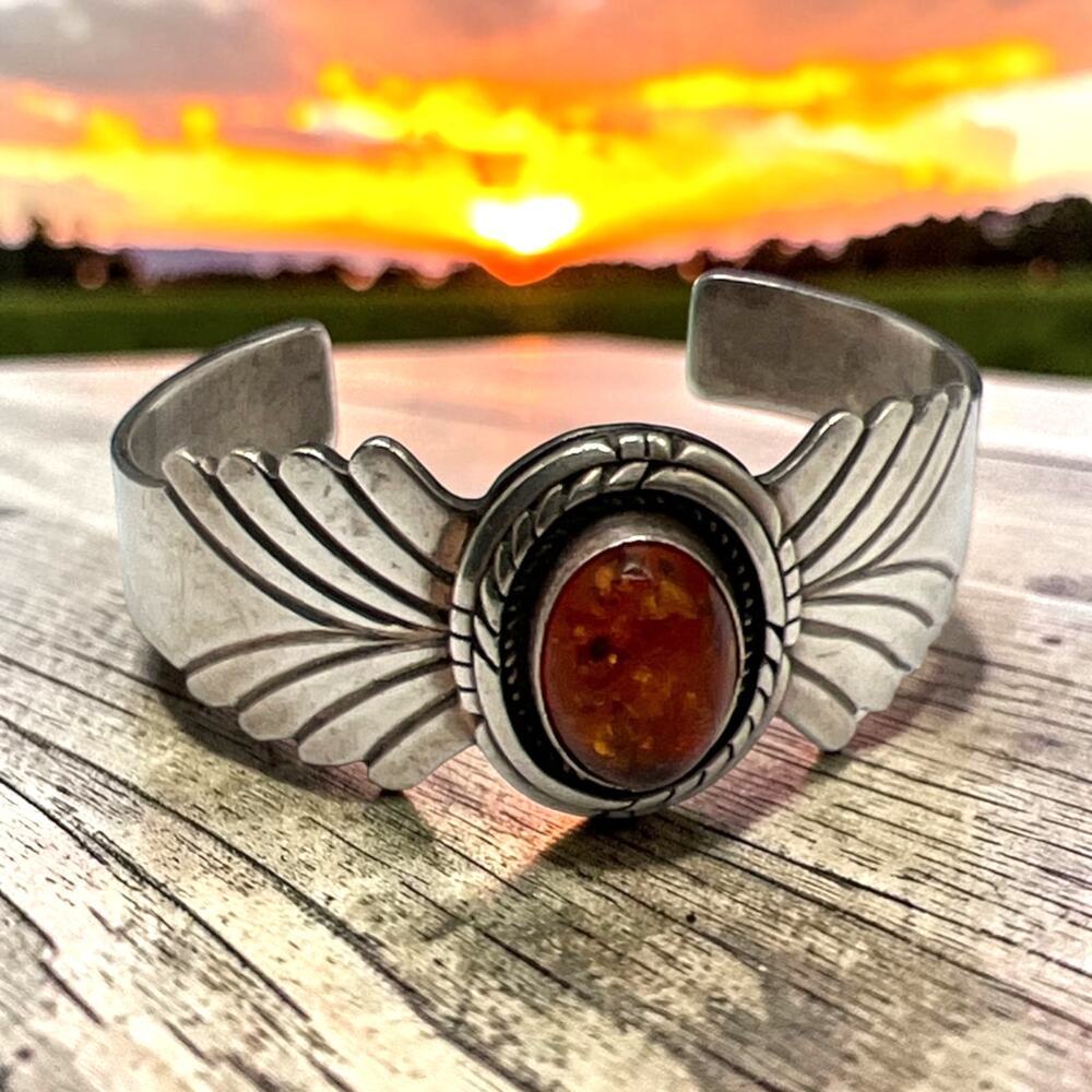 Vintage Navajo Lorenzo James Sterling Silver & Amber Wing Cuff Bracelet, 47.88g